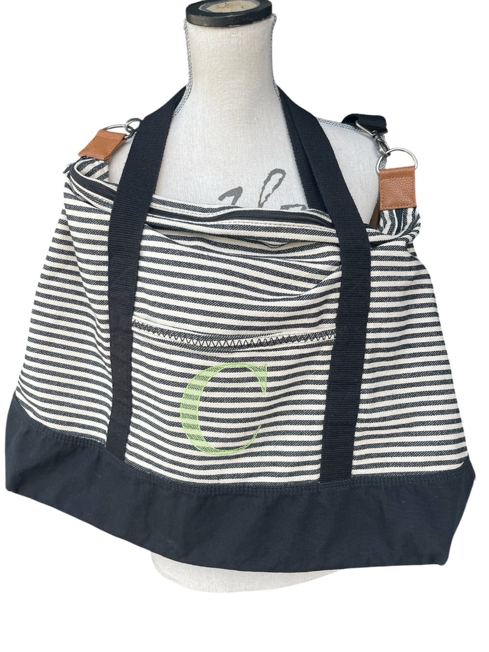 Retro Metro Black/Ivory Stripe Monogram 'C' Large Crossbody Beach Gym Tote Bag